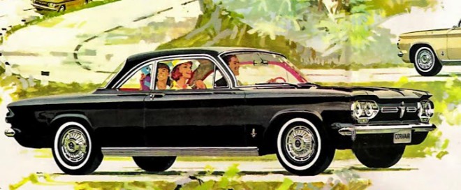 Black Corvair Coupe with Family Advertisement