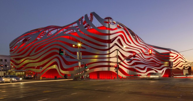 The new red and silver façade of the Petersen Automotive Museum.