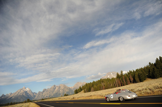 Silver Porsche Outlaw driving through Montana steppes