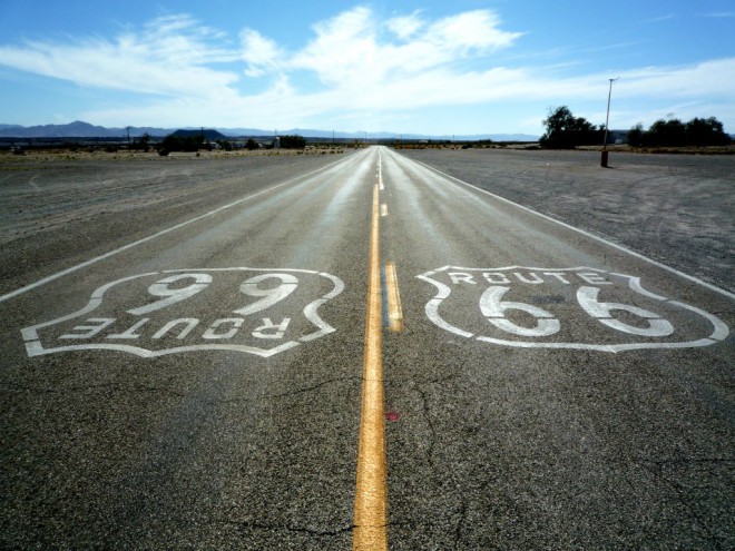 Famous Route 66 emblazoned on a long stretch of road