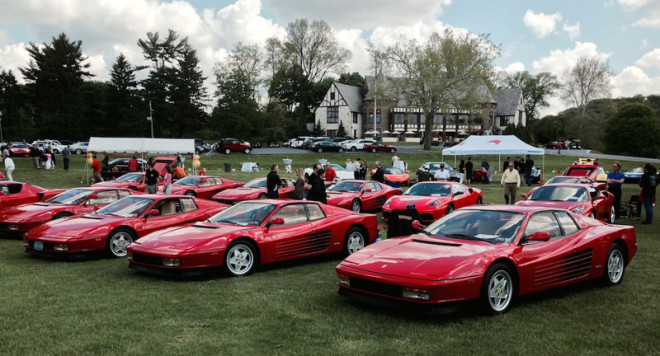A line of red Ferrari Testarossas