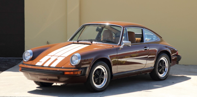 Lease a brown 1974 Porsche 911 with racing stripes