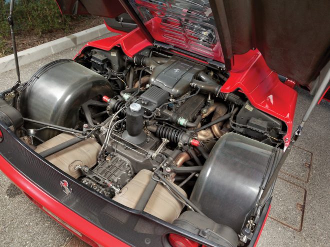 The engine bay of a Ferrari F50