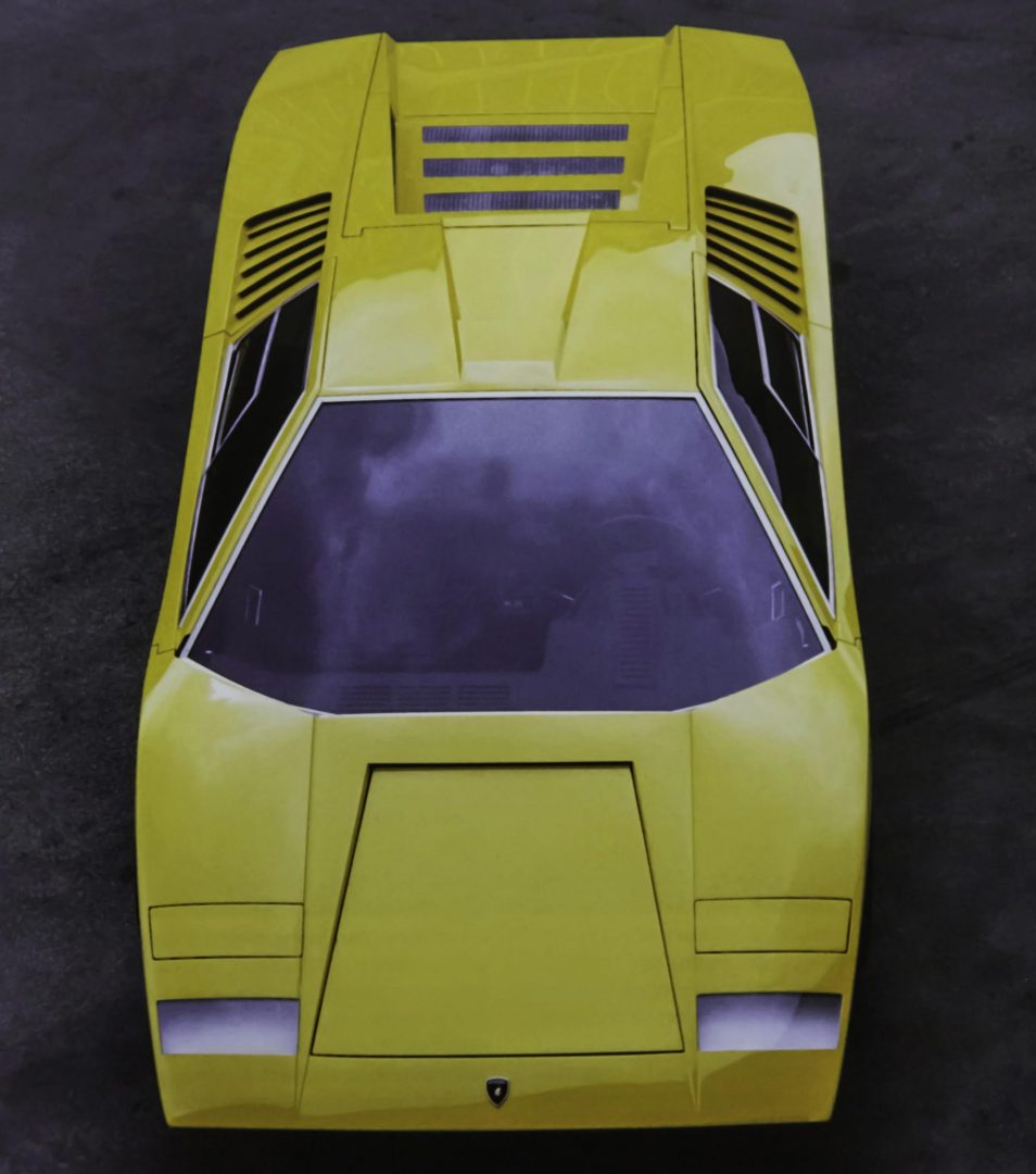 Yellow 1971 Lamborghini Countach LP500 top front view, Lamboghini Leasing