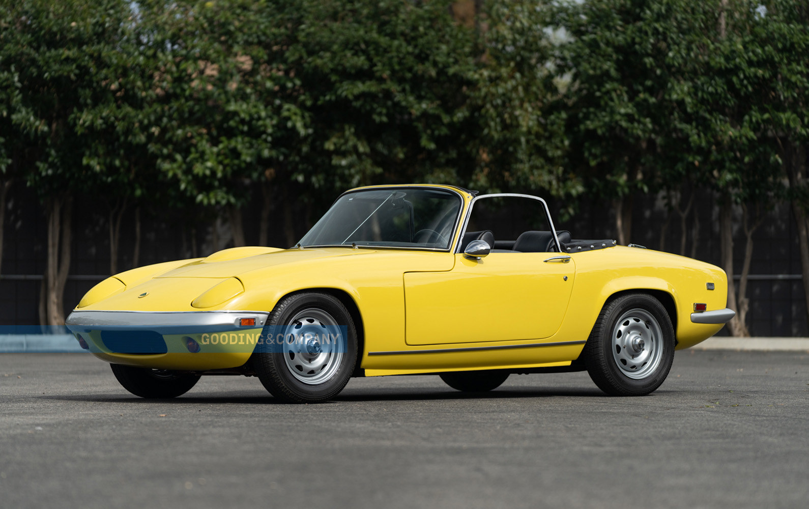 Yellow 1969 Lotus Elan SE convertible - three-quarter Top Down Dirver Side, Luxury Leasing