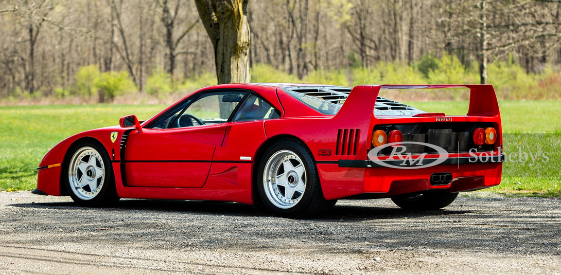 Red 1992 Ferrari F40, Rear Spolier View, in countryside, Ferrari Luxury Loan