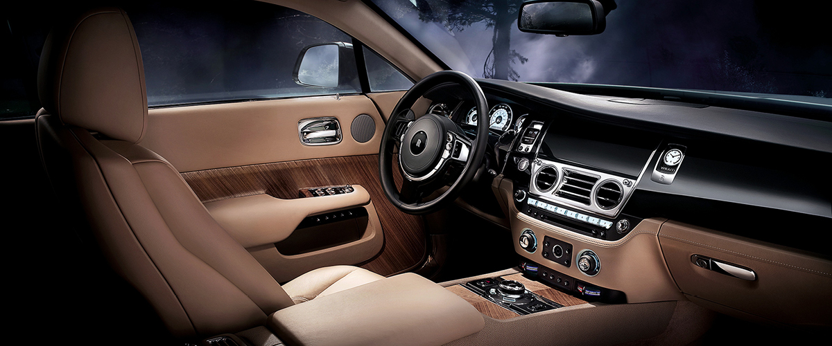 Rolls-Royce Wraith front interior with Starlight Headliner; custom wood/tan interior, Lease a Rolls-Royce