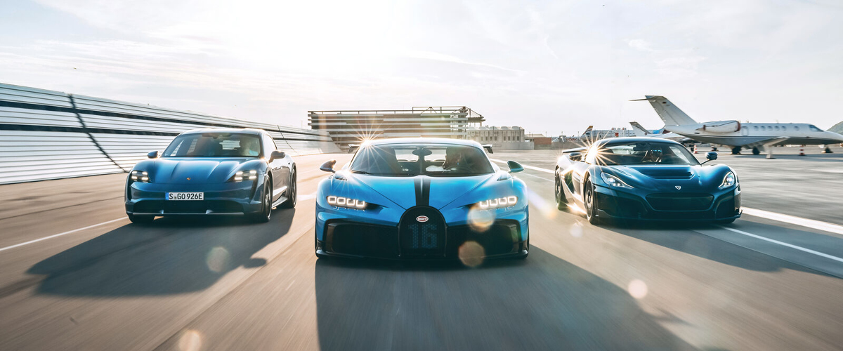 Porsche Taycan, Bugatti Chiron Super Sport and Rimac Nevera on race track