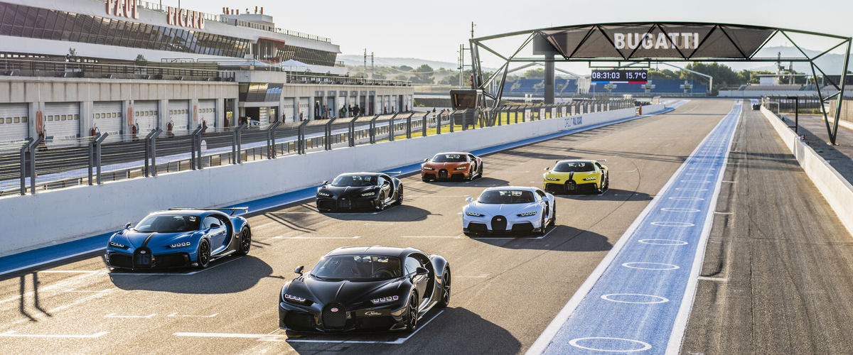 Bugatti Chiron models on starting grid at Circuit Paul Ricard