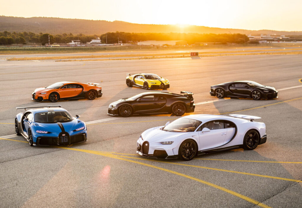 Bugatti Chiron models on an airport runway