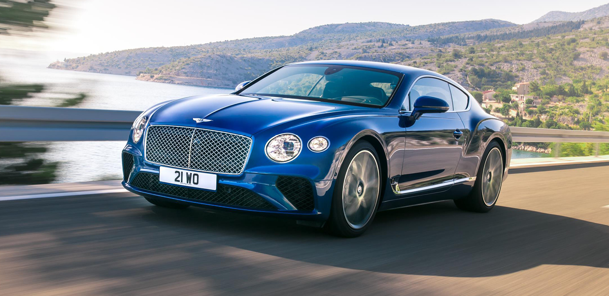 Blue Bentley Continental GT on the road
