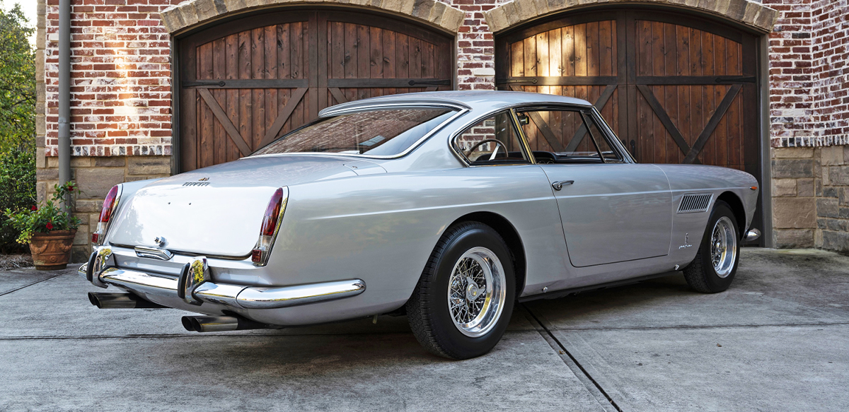 Silver Ferrari 250 GTE rear three-quarter right view