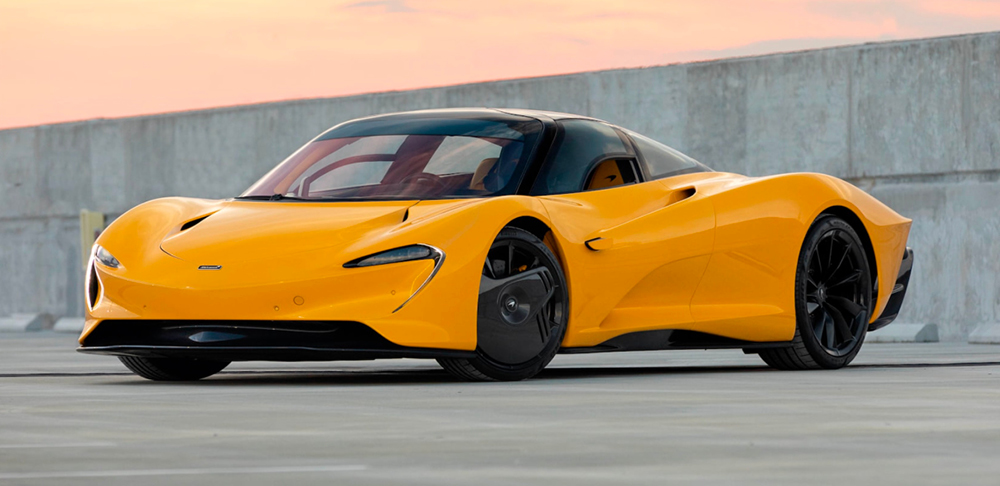 Yellow McLaren Speedtail front three-quarter view