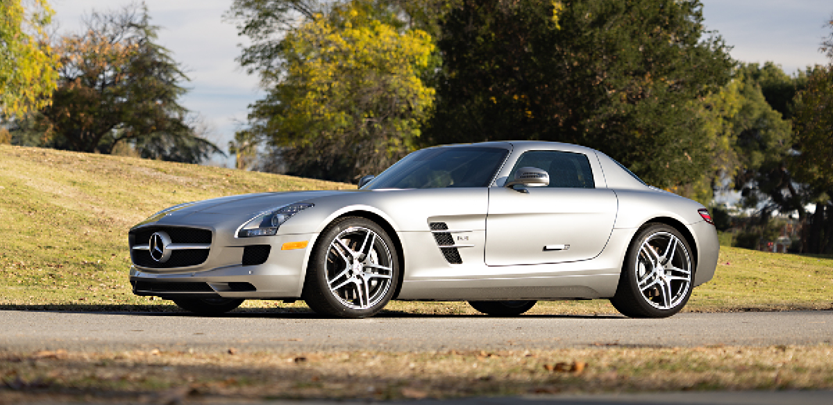 Silver Mercedes SLS AMG left front view