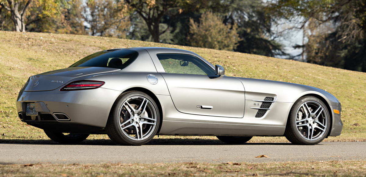 Silver Mercedes SLS AMG right rear view