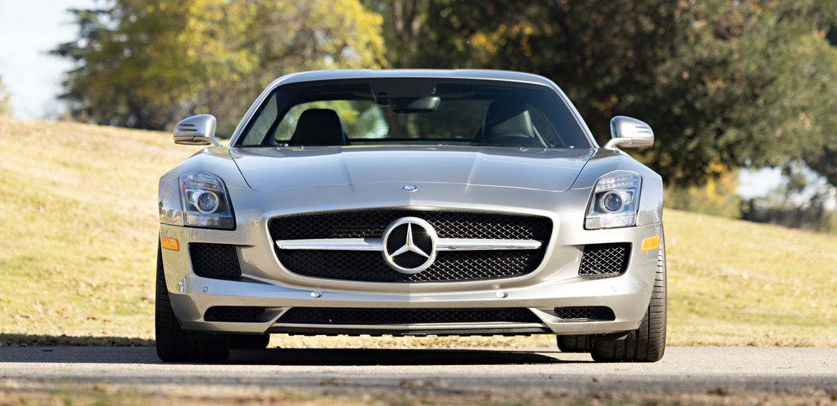 Silver Mercedes SLS AMG front view