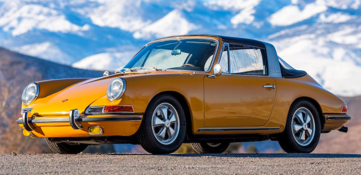 Yellow Porsche 911S Targa left front view