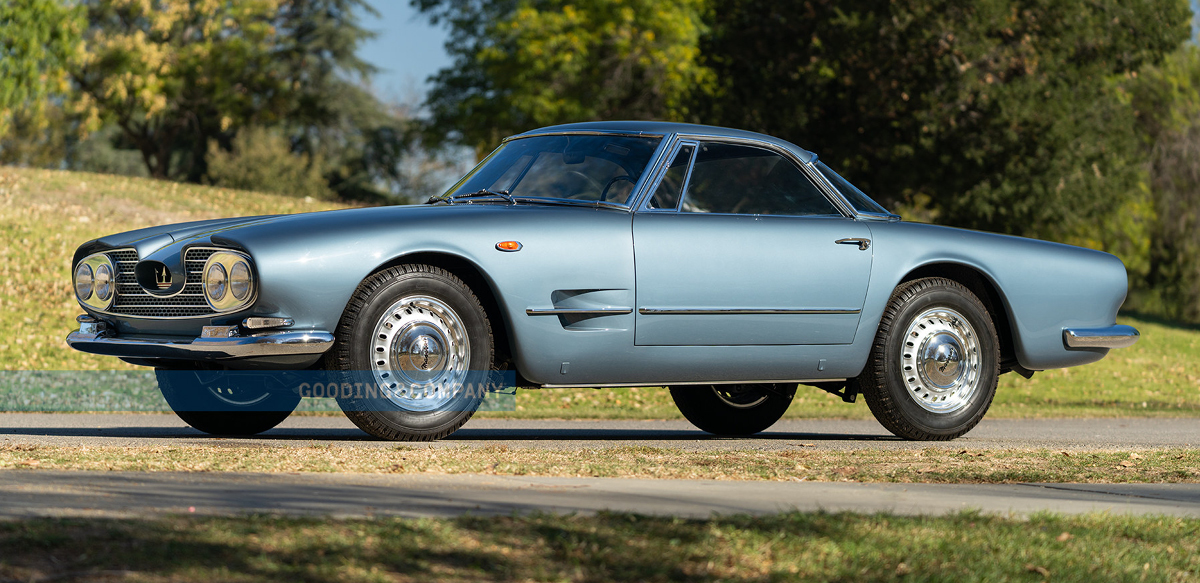Blue 1961 Maserati 5000 GT “Shah of Persia” left side view