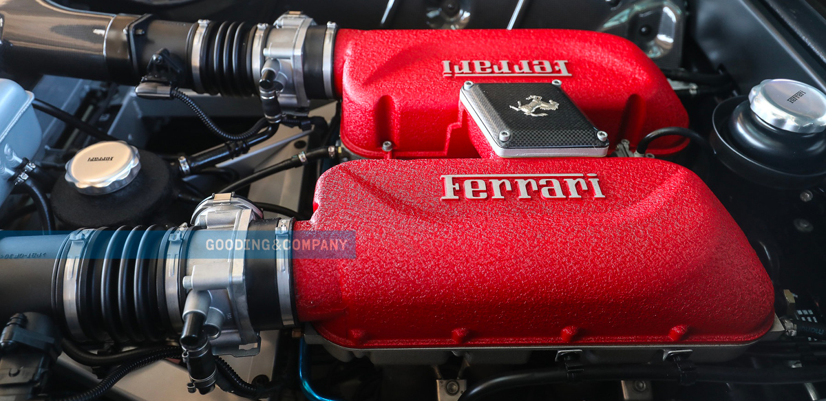 Ferrari 360 Challenge Stradale engine view. Red Ferrari 360 Challenge Stradale front right three-quarter view