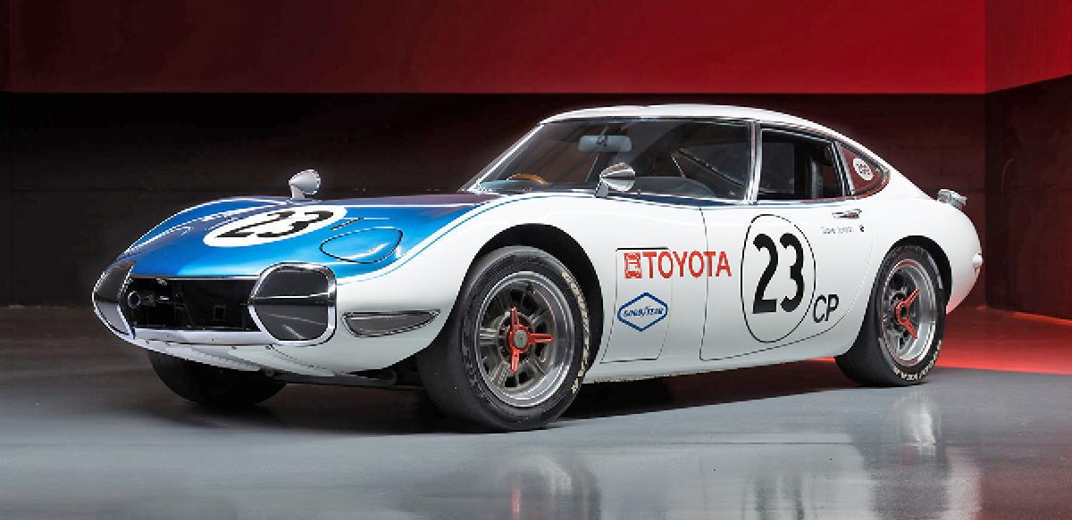 White and blue Toyota 2000 GT Shelby left front view