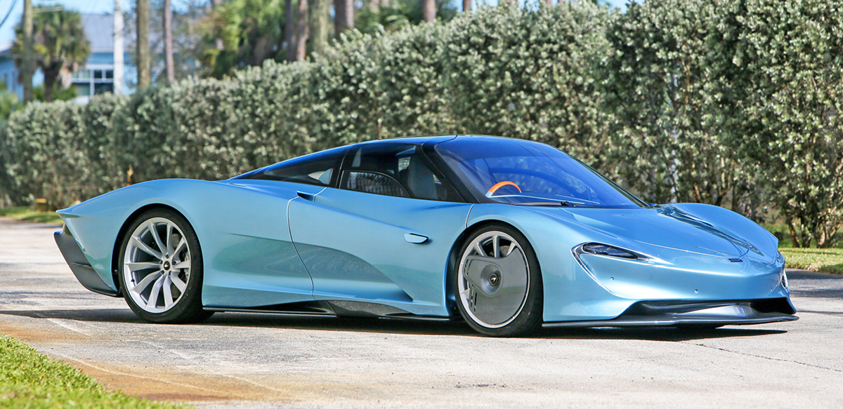 Blue McLaren Speedtail right front view