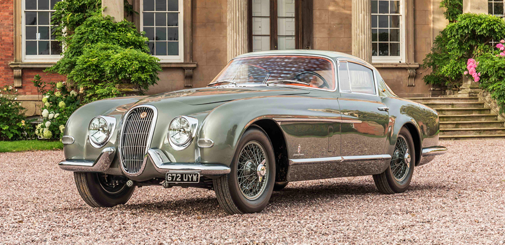 Green 1954 Jaguar Pinin Farina coupe front left view