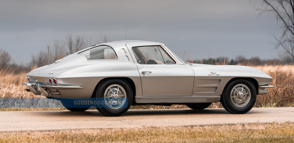 Silver 1963 Corvette Z06 coupe right side view.