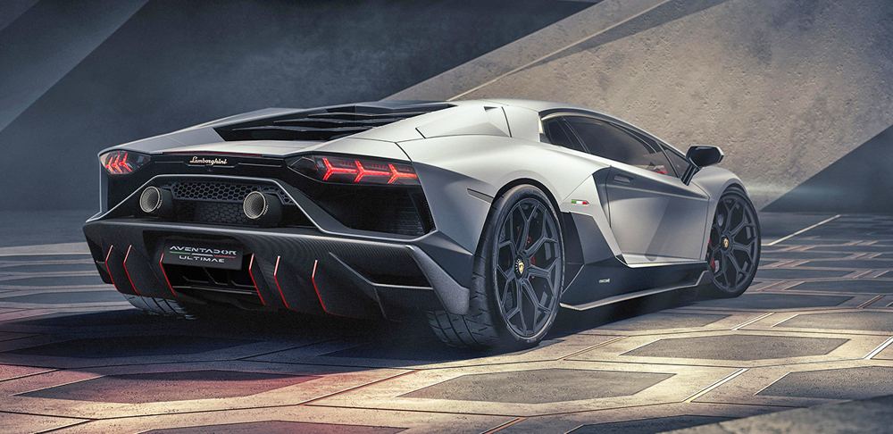 Gray Lamborghini Aventador Ultimae rear view