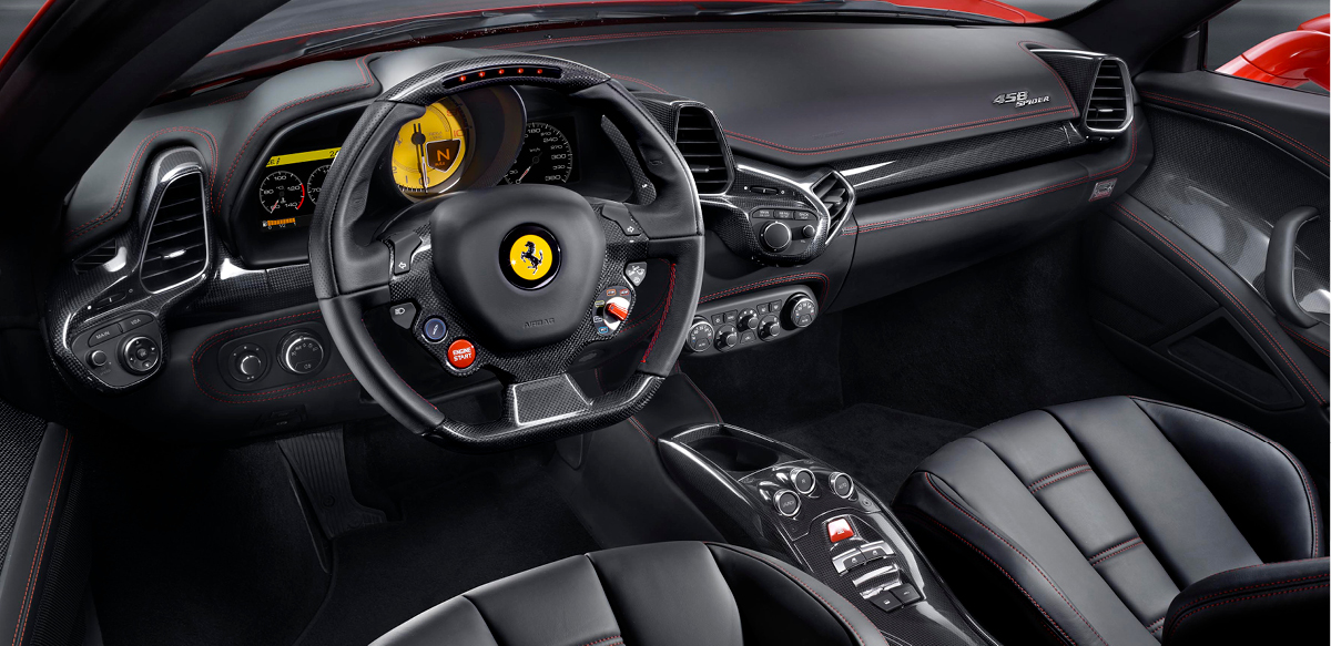 Red Ferrari 458 Spider interior view