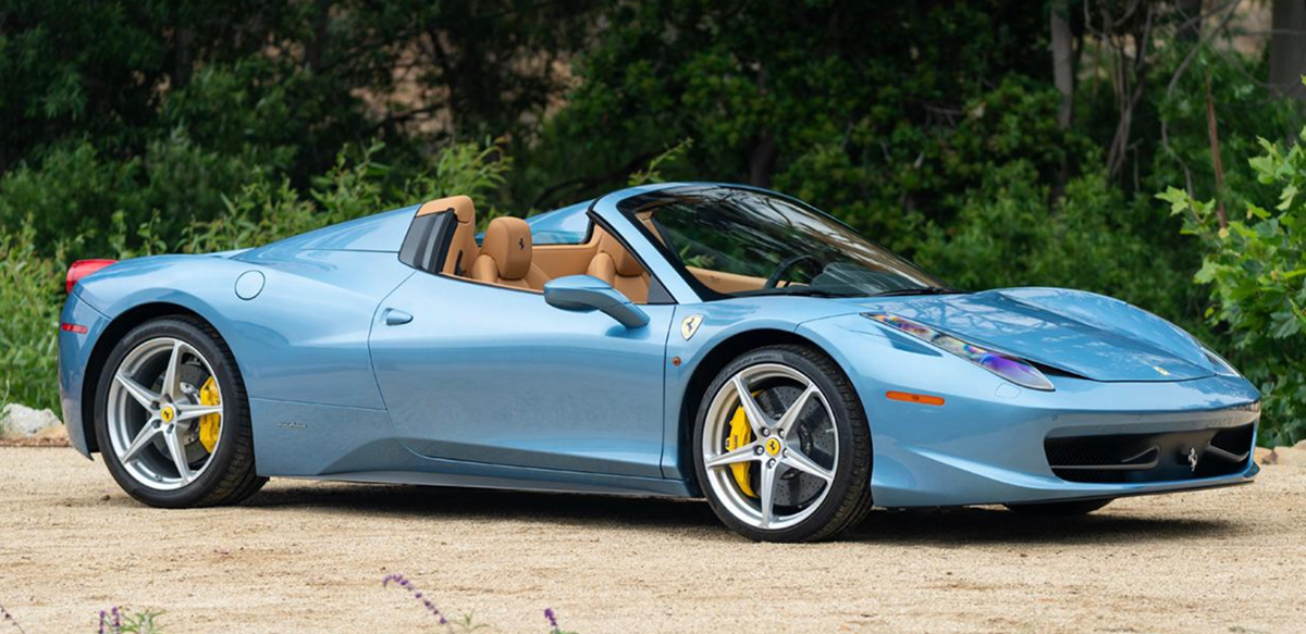 Blue Ferrari 458 Spider right side view