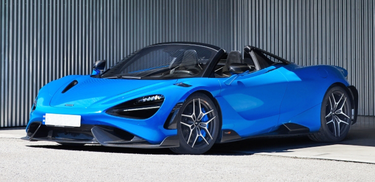 Blue McLaren 765LT Spider in garage