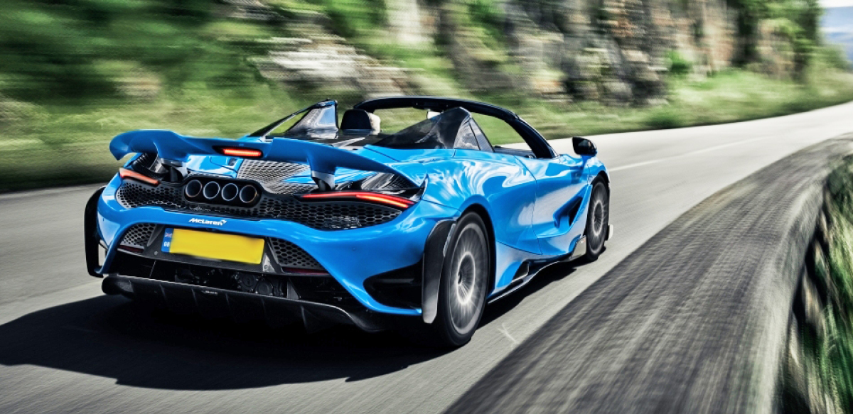 Blue McLaren 765LT Spider rear view