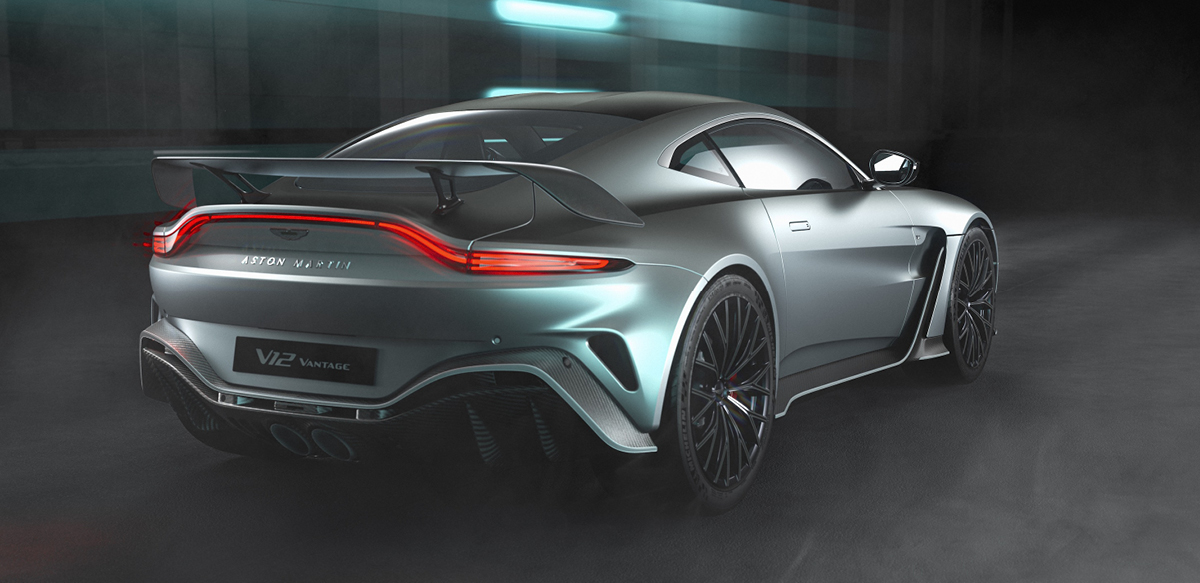 Gray 2023 Aston Martin V-12 Vantage rear three-quarter view