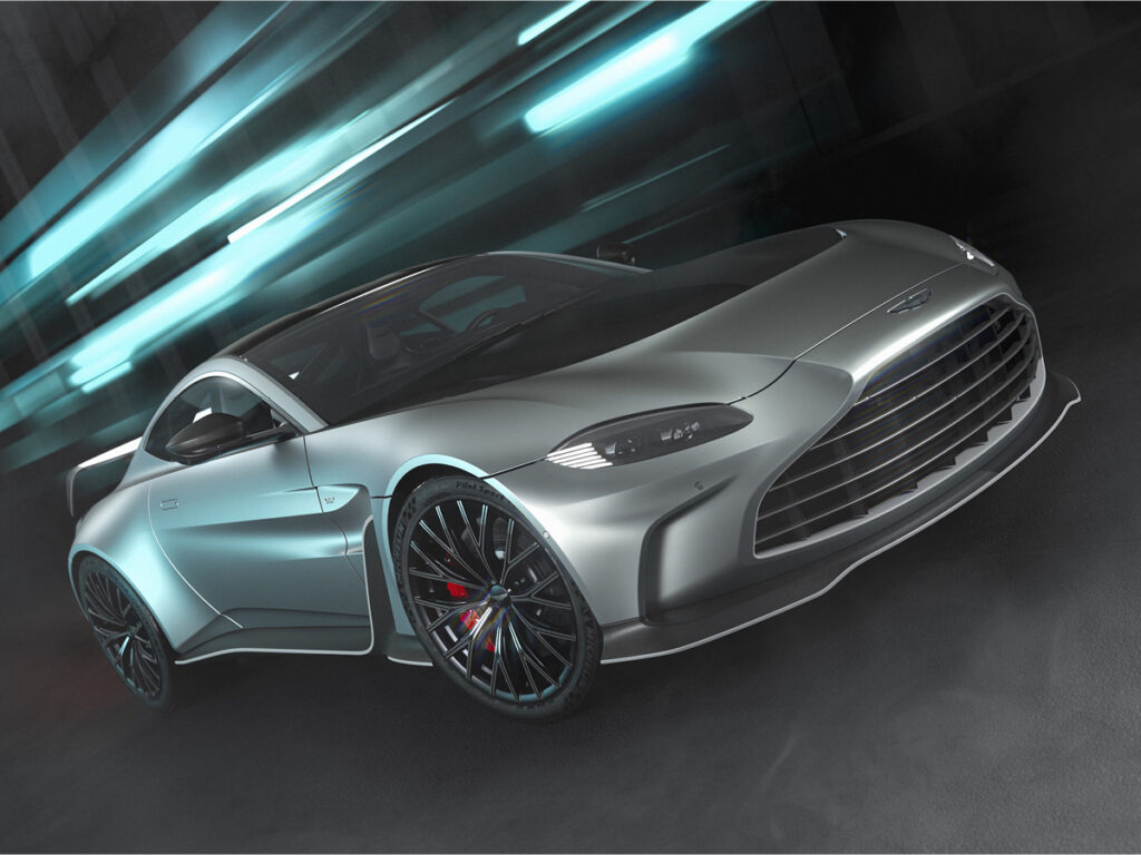 Gray 2023 Aston Martin V-12 Vantage front three-quarter view