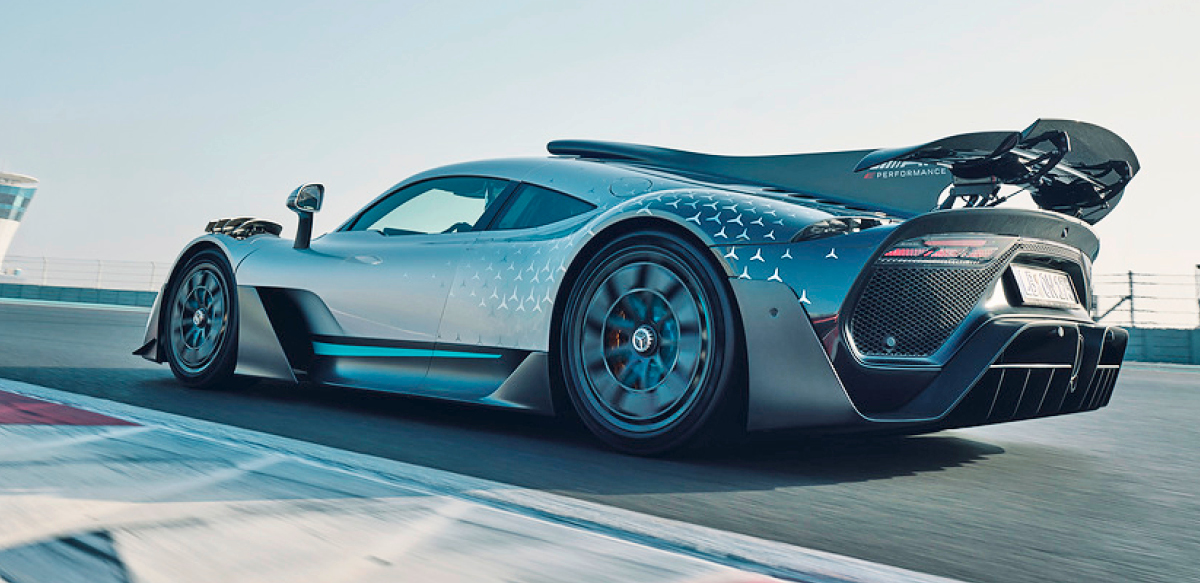 Silver Mercedes-AMG One on track, left rear view