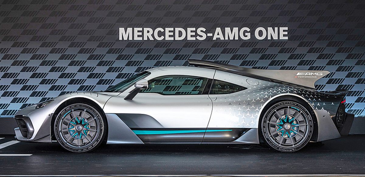 Silver Mercedes-AMG One, left side profile view