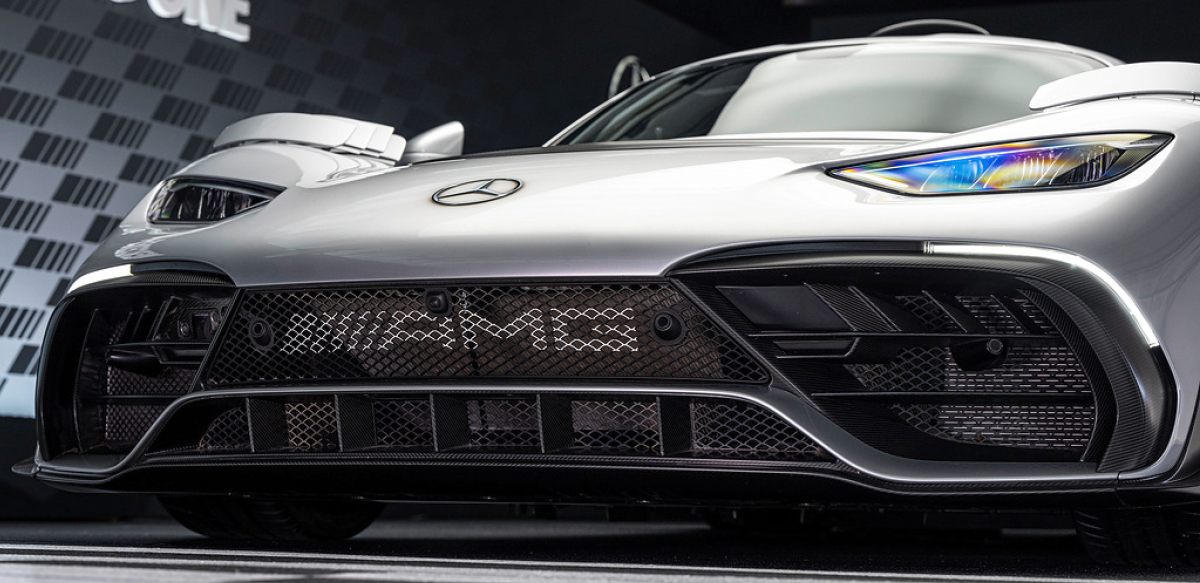 Silver Mercedes-AMG One, low front view