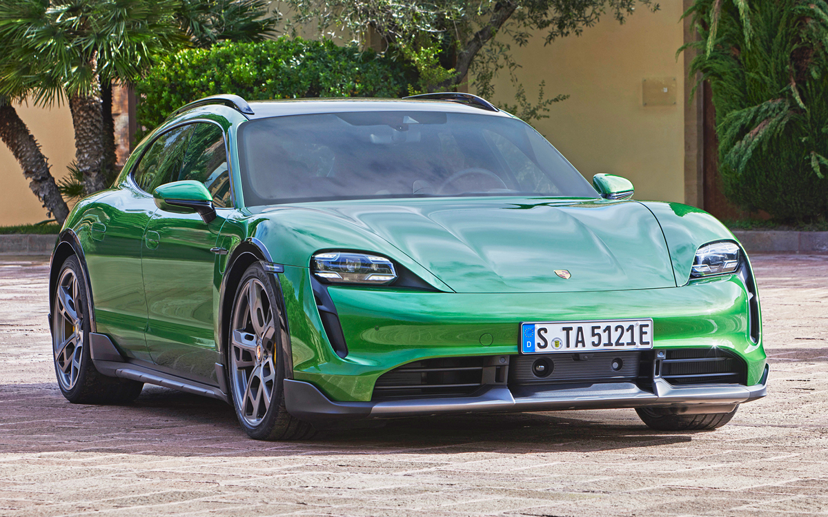 Green Porsche Taycan front three-quarter view