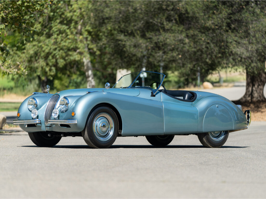 Blue Jaguar XK-120 front three-quarter view