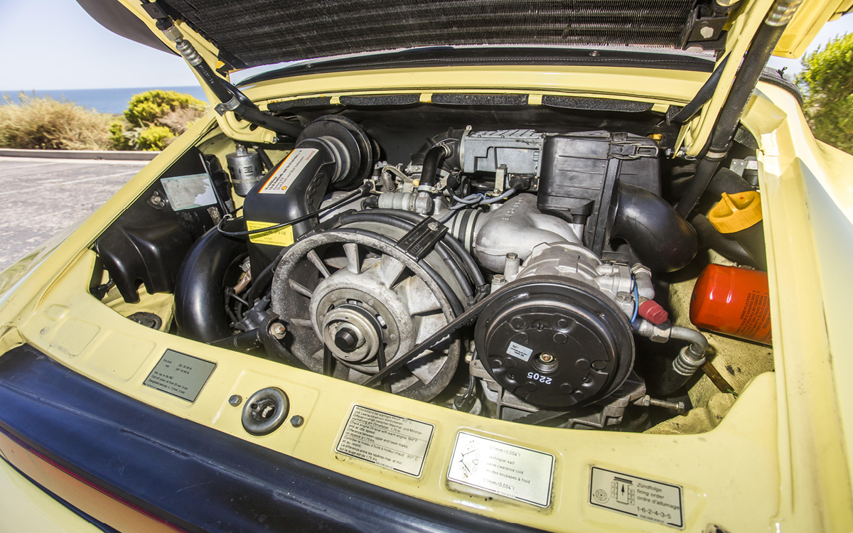 Yellow Porsche Carrera Turbo Look + Slant Nose engine view