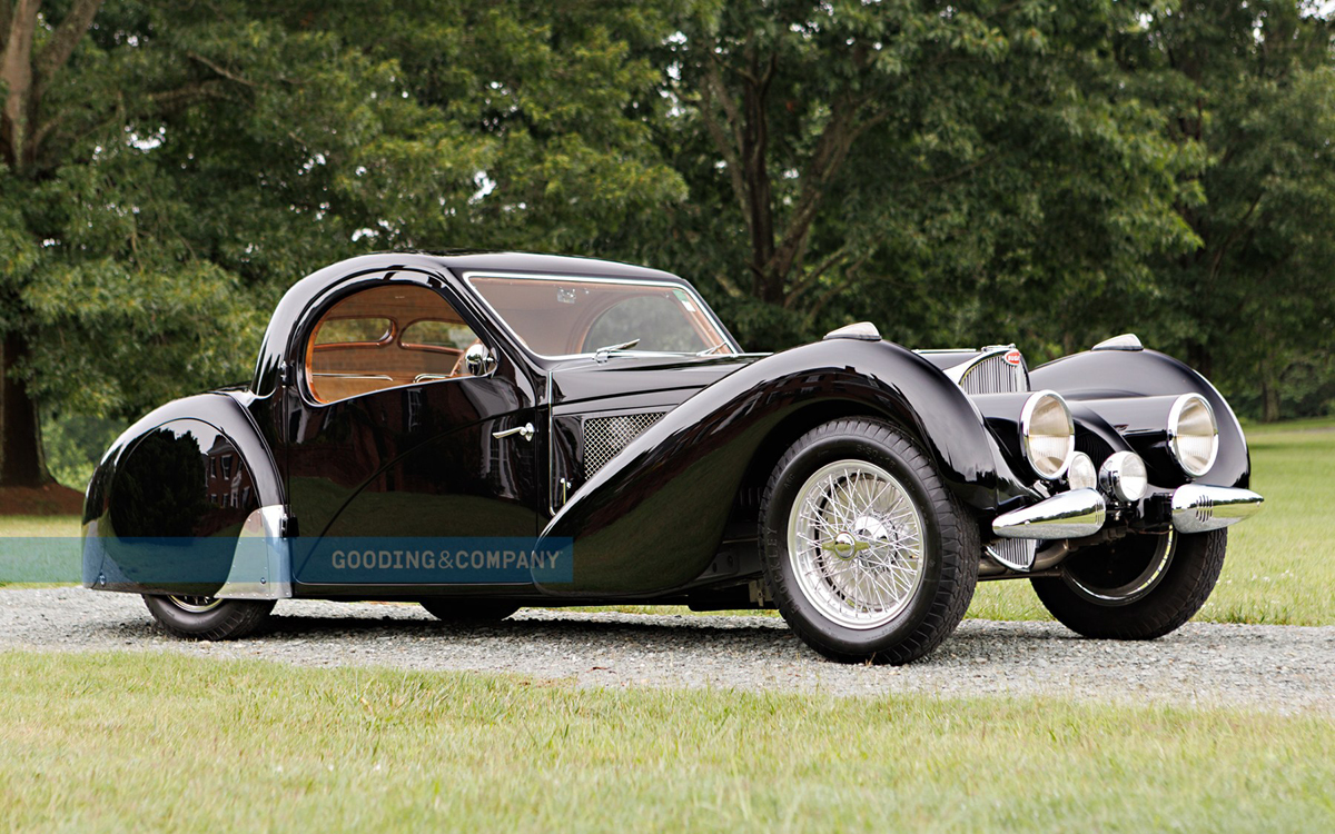 Black 1937 Bugatti Type 57 Atalante Coupe front right view