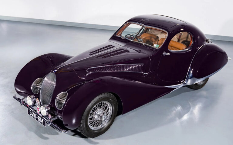 Dark magenta 1938 Talbot Lago Teardrop Coupe top left view