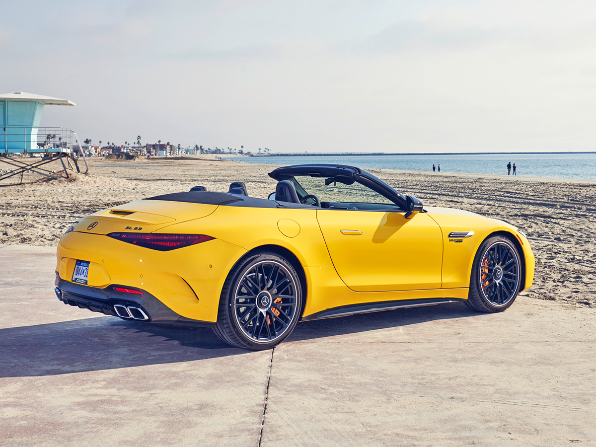 Yellow Mercedes-AMG SL63 top-down left view