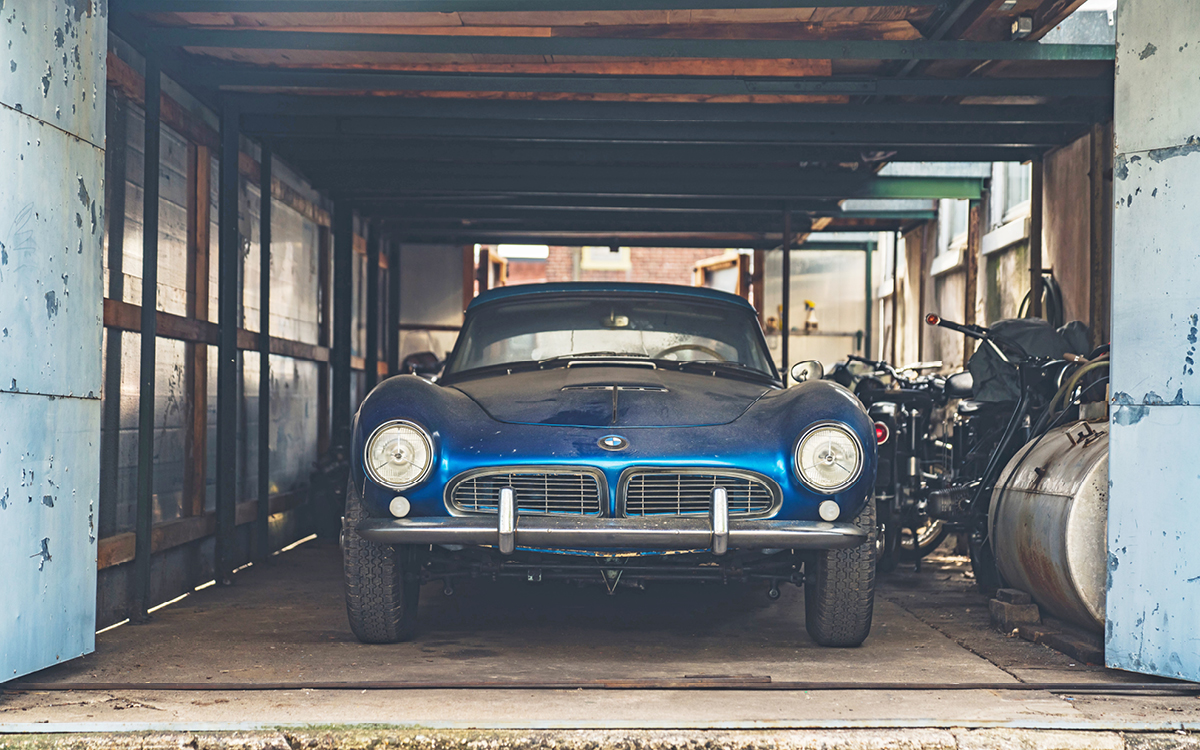 Blue BMW 507 garage find front view