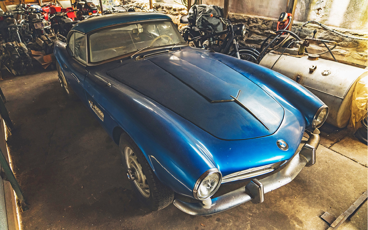 Blue BMW 507 garage find top view