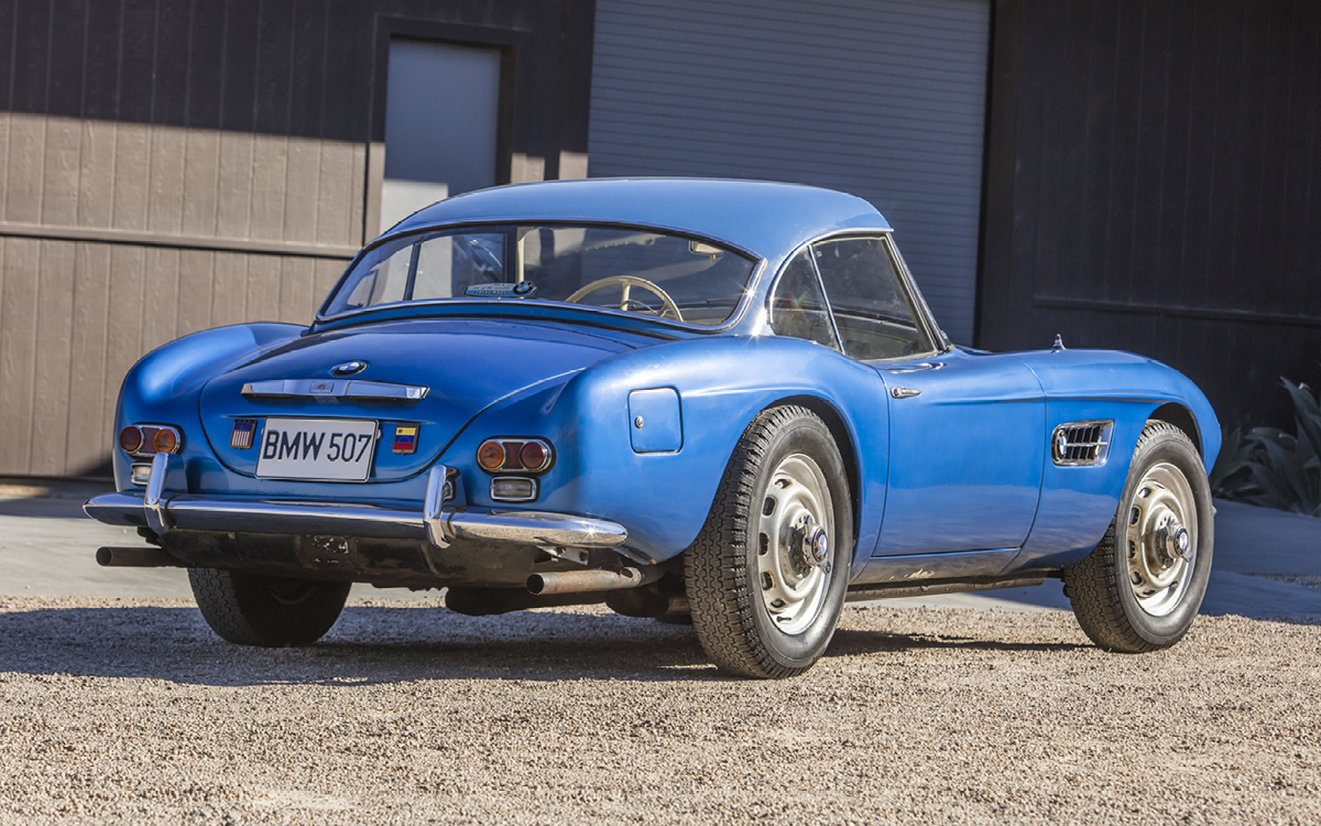 Blue BMW 507 garage find rear right view