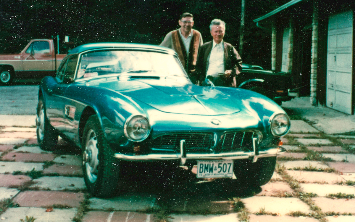 Blue BMW 507 garage find vintage photo