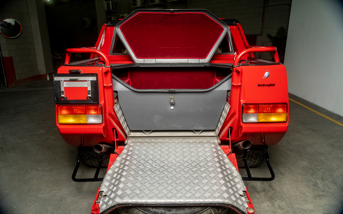 Red Lamborghini LM002 rear trunk view