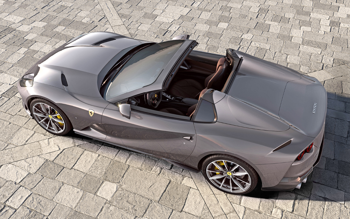 Gray Ferrari 812 GTS high view with top down