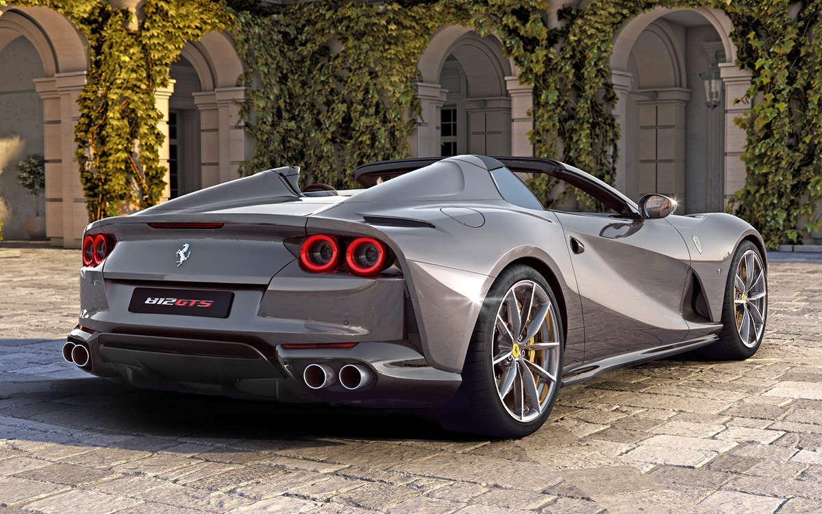 Gray Ferrari 812 GTS rear view with top down